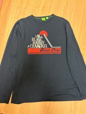 Hugo Boss Navy Long-Sleeve Graphic Tee with Red Accents